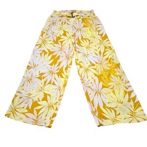 Ashley Stewart Yellow Tropical Leaf Wide Leg Pants Belted Smocked Waist Sz 18 20